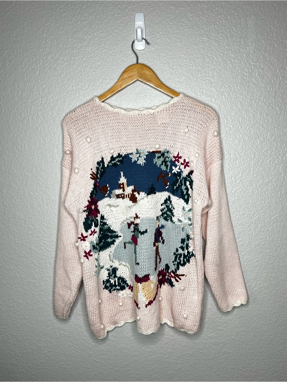 Vintage ERIKA Pink Ice Skating Winter Scene Christmas Sweater Large Ugly Tacky L